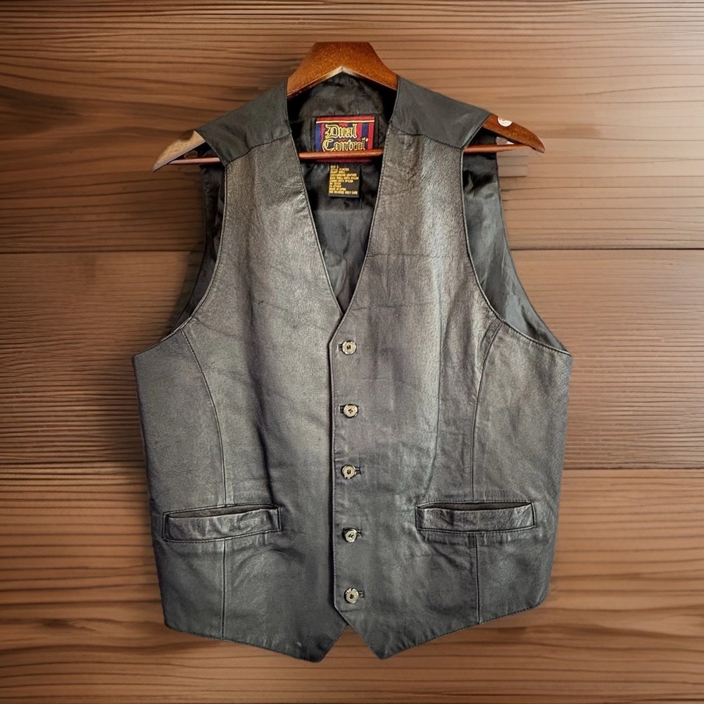 Vintage 90s Streetwear Black Leather Vest Biker L V-Neck Motorcycle Goth Punk‎